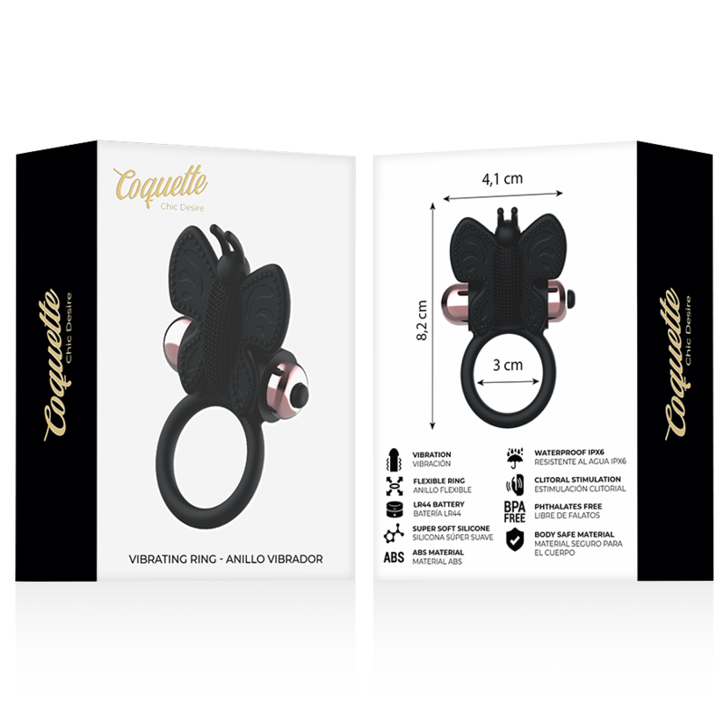 Anello fallico vibrante farfalla in silicone morbido impermeabile nero oro Coquette Toys