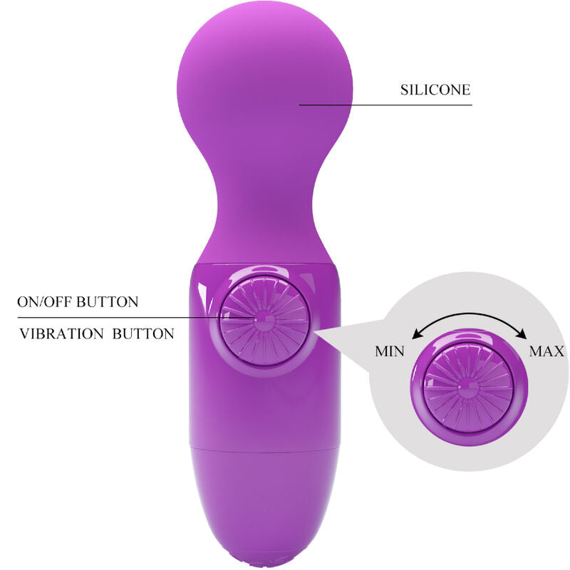 Vibratore stimolatore wand mini massaggiatore personale viola con potenti vibrazioni multiple in silicone impermeabile alimentato a batterie Pretty Love