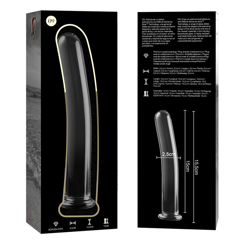 Fallo dildo in cristallo vetro borosilicato trasparente 15.5 cm sicuro e ipoallergenico serie Nebula Ibiza