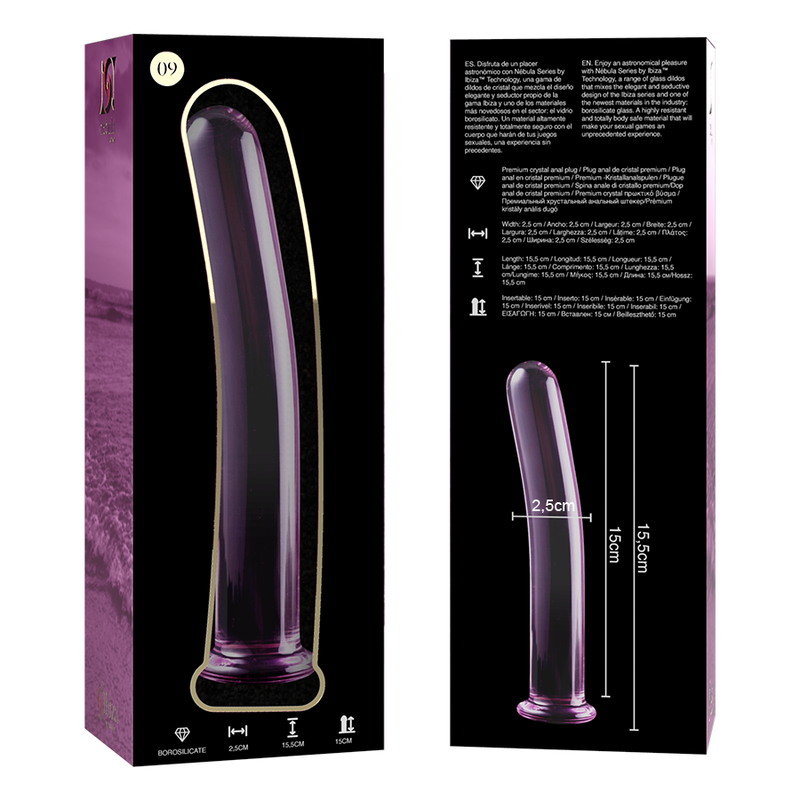 Fallo dildo in cristallo vetro borosilicato trasparente 15.5 cm sicuro e ipoallergenico serie Nebula Ibiza