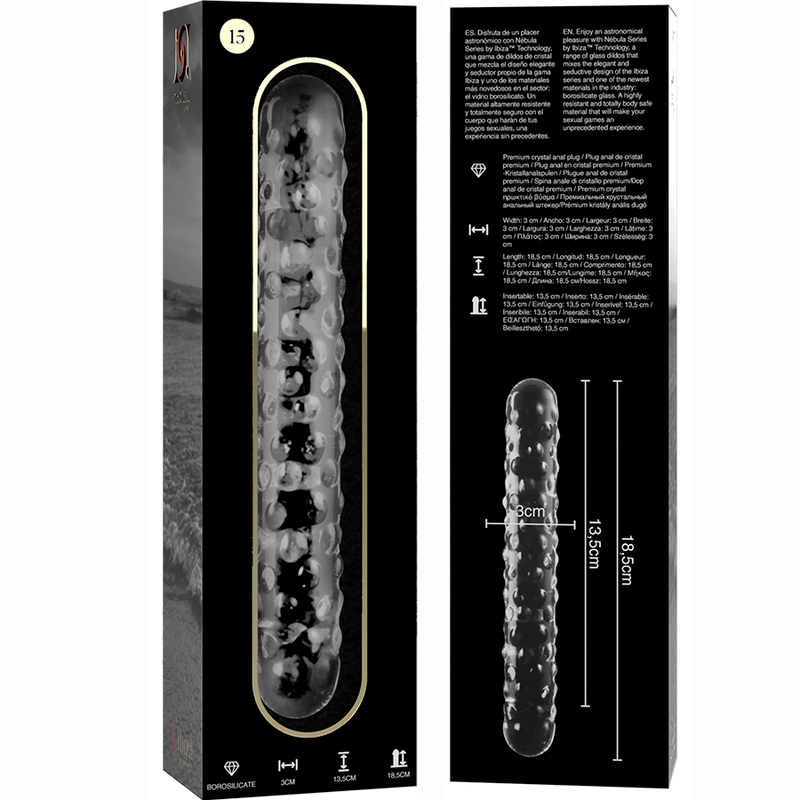 Dildo fallo in cristallo vetro borosilicato per doppia penetrazione 18.5 cm design elegante nebula series by ibiza