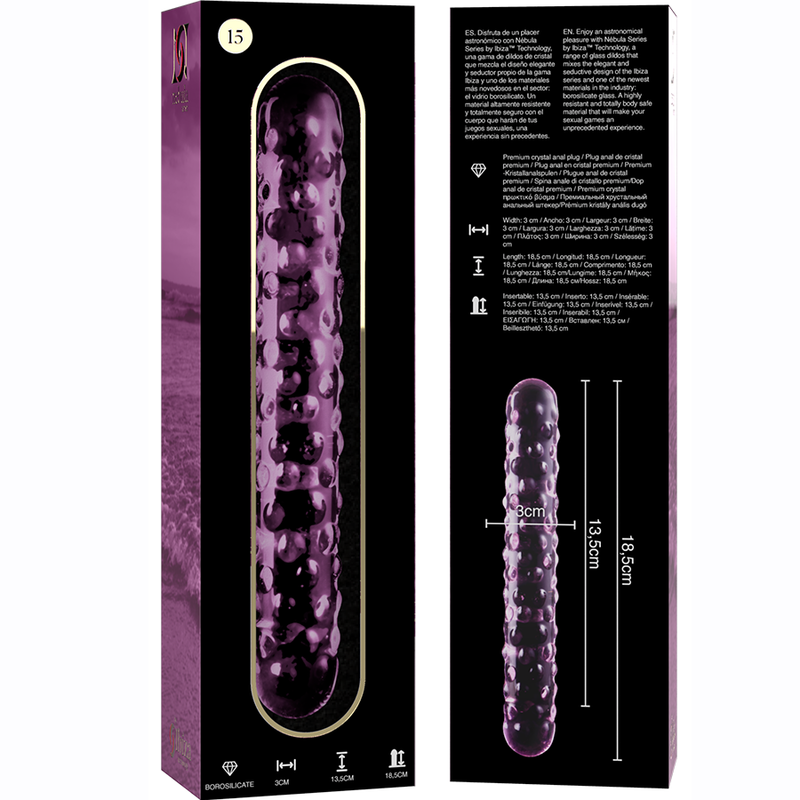 Dildo fallo in cristallo vetro borosilicato per doppia penetrazione 18.5 cm design elegante nebula series by ibiza