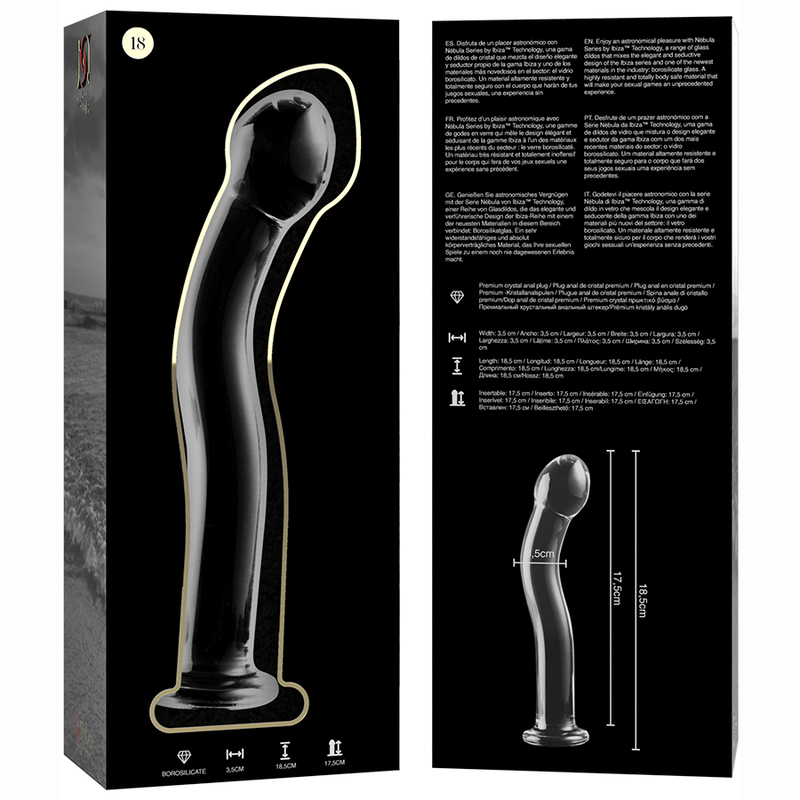 Dildo in cristallo vetro borosilicato trasparente 18.5 cm elegante resistente ipoallergenico con base ampia Nebula Series By Ibiza