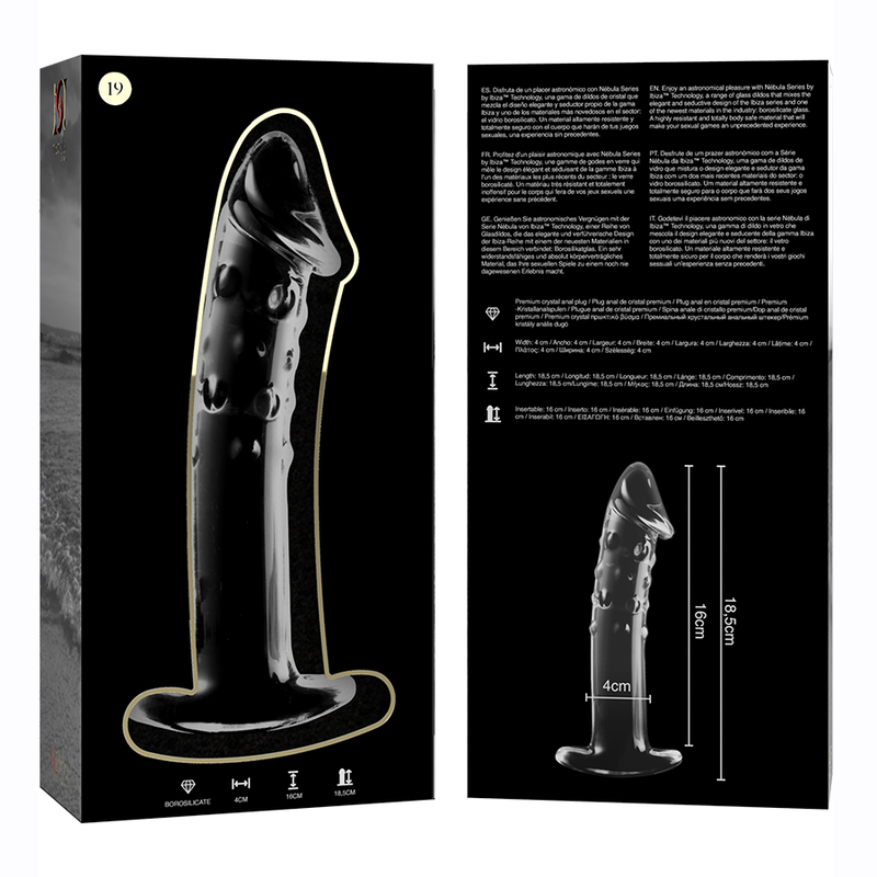 Dildo in cristallo vetro borosilicato trasparente design elegante 18.5 cm ipoallergenico e sicuro Nebula Series by Ibiza