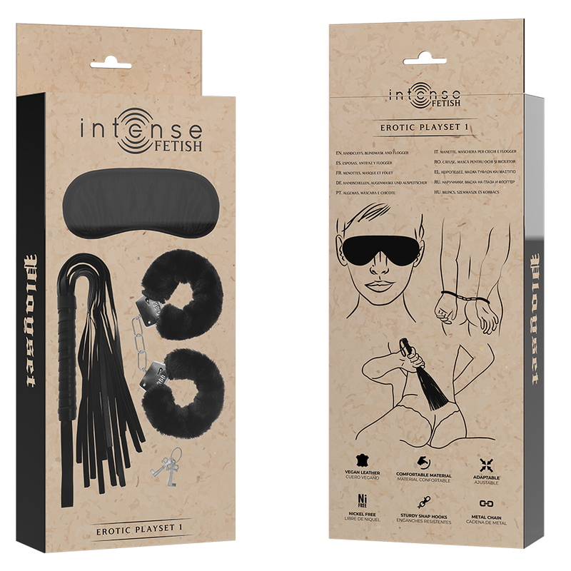 Set bondage con manette maschera frusta in pelle vegana per giochi di sottomissione e piacere Intense Fetish