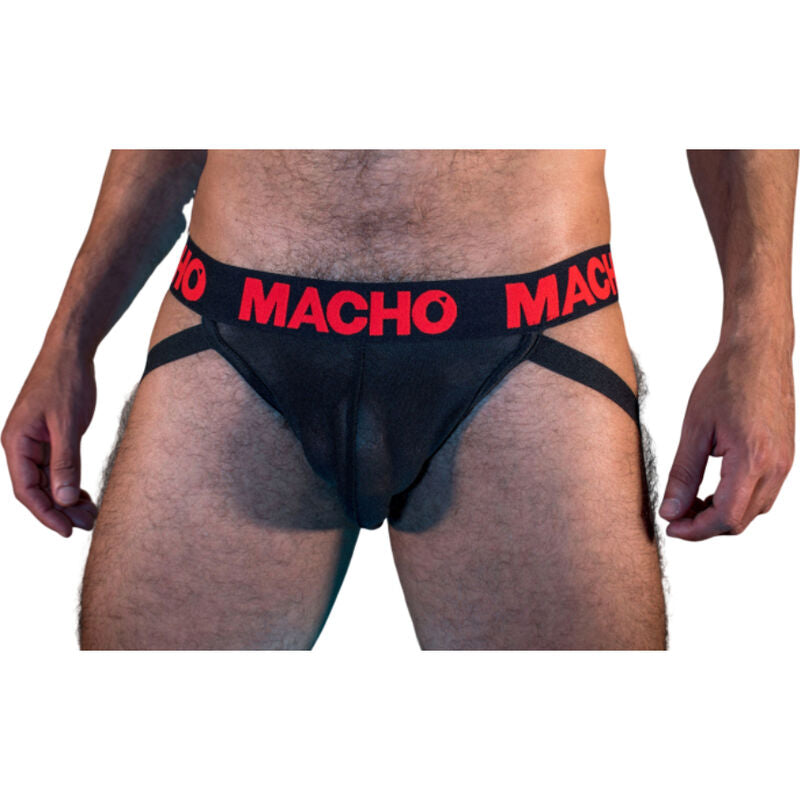 Sospensorio uomo semitrasparente nero rosso sexy comodo elasticizzato design accattivante supporto frontale Macho Underwear