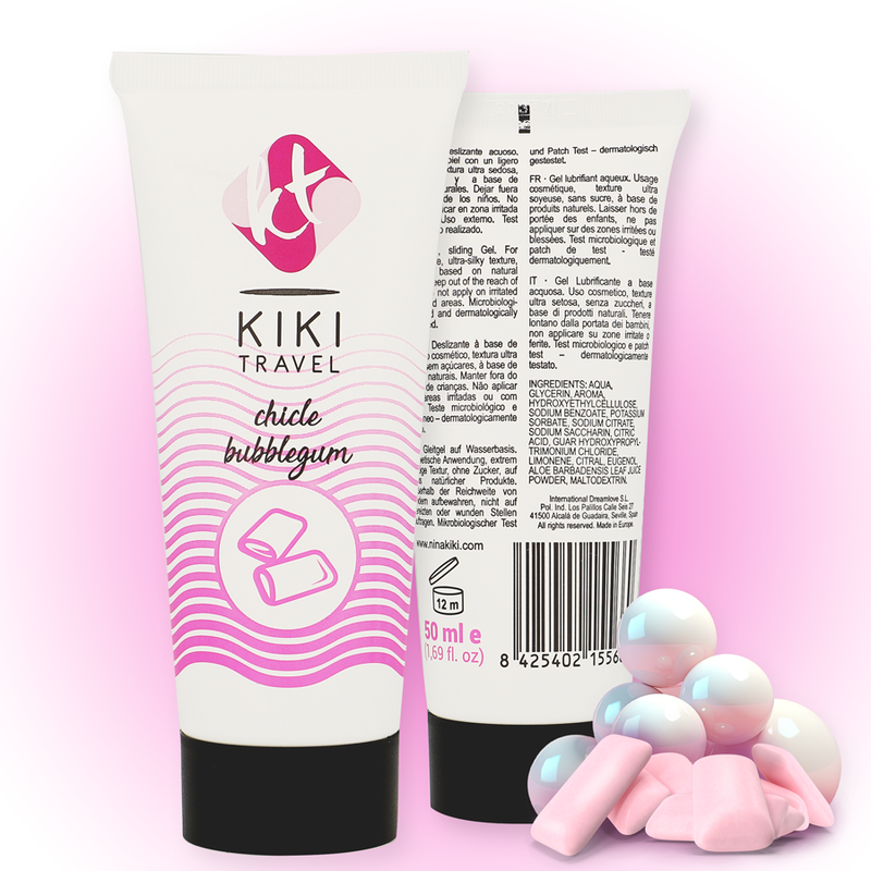 Gel lubrificante vegano a base d'acqua con Aloe Vera gusto gomma da masticare alla fragola 50 ml Kiki Travel