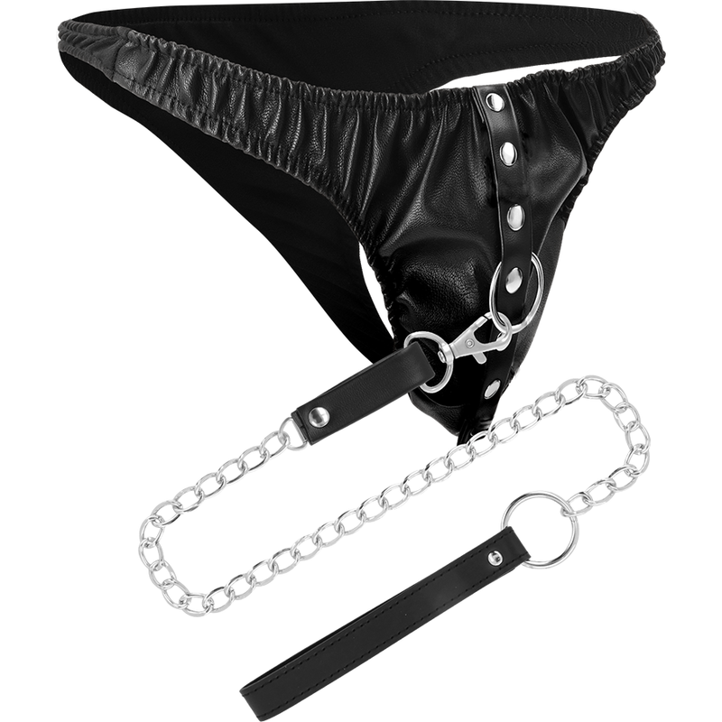 Tanga Uomo Nero In Pelle Con 3 O-Ring E Catane Bondage Fetish