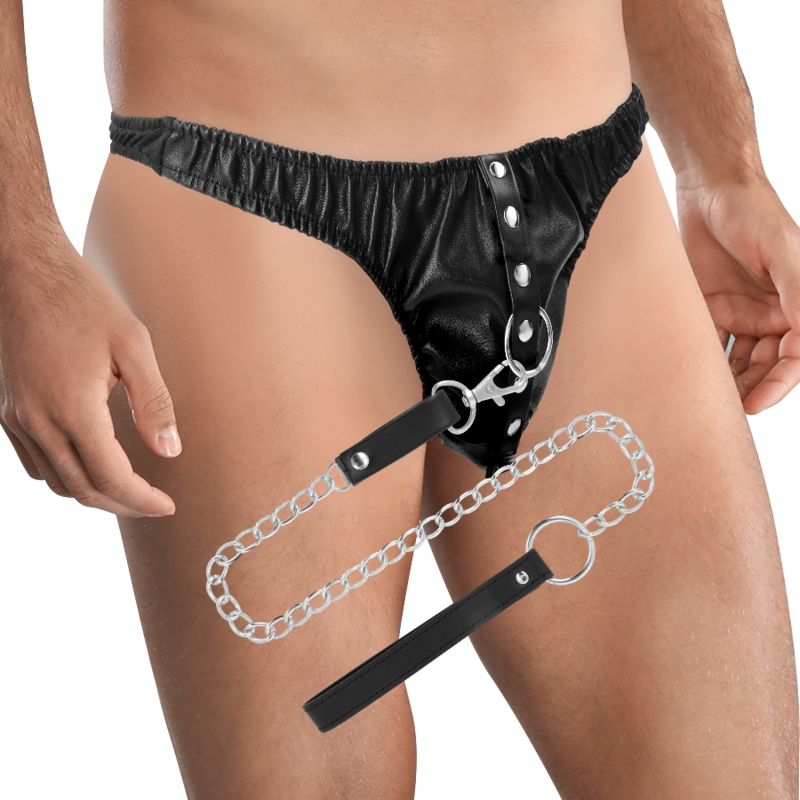 Tanga Uomo Nero In Pelle Con 3 O-Ring E Catane Bondage Fetish