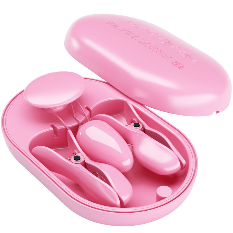 Pinzette elettrostimolanti per capezzoli con 12 funzioni di vibrazione ricaricabile in silicone rosa Pretty Love Flirtation