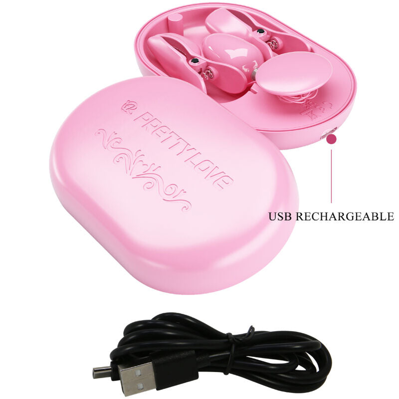 Pinzette elettrostimolanti per capezzoli con 12 funzioni di vibrazione ricaricabile in silicone rosa Pretty Love Flirtation