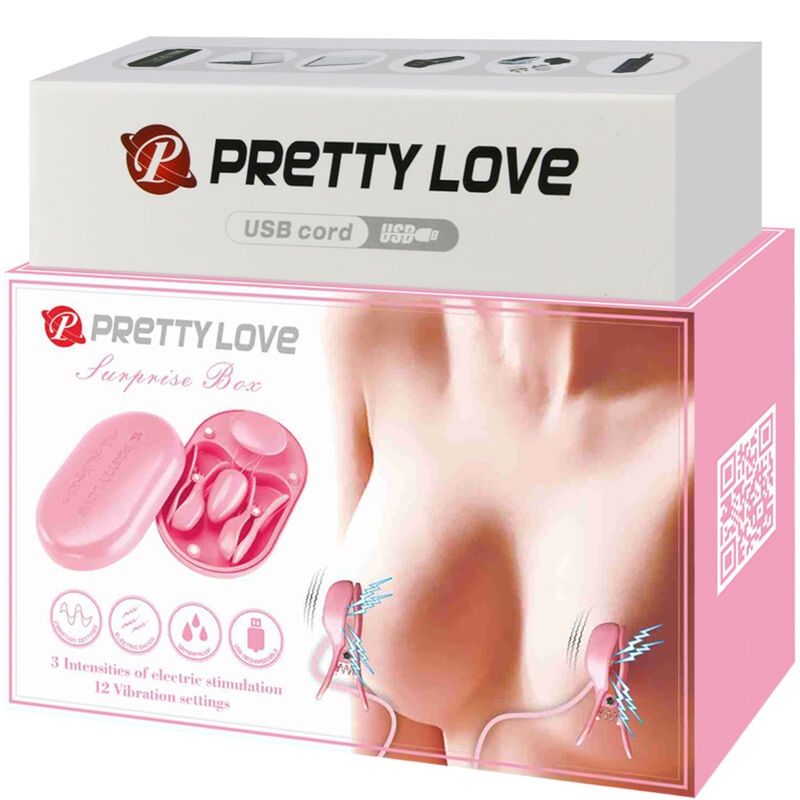 Pinzette elettrostimolanti per capezzoli con 12 funzioni di vibrazione ricaricabile in silicone rosa Pretty Love Flirtation