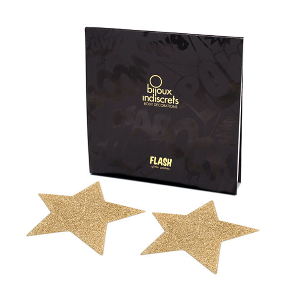 Copri capezzoli pasties glitterati oro a forma di stella riutilizzabili decorazioni autoadesive per il corpo Flash Golden Star Bijoux Collection