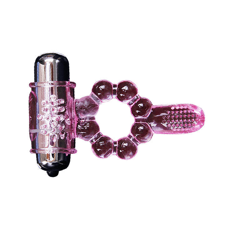 Anello fallico con vibrazione in silicone rosa doppia vibrazione stimolazione clitoride e anale 10 ritmi facile uso batterie incluse BAILE FOR HIM