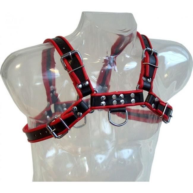 Black and Red Leather Shoulder and Chest Harness Corset with Steel Hooks and Studs Adjustable Fetish Bdsm