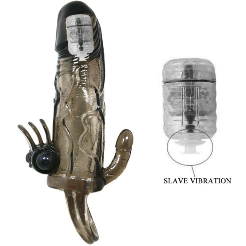 Guaina per ingrandimento pene nera con stimolazione clitoridea e fallo per doppia penetrazione anale doppio bullet 16.5 cm Baile For Him