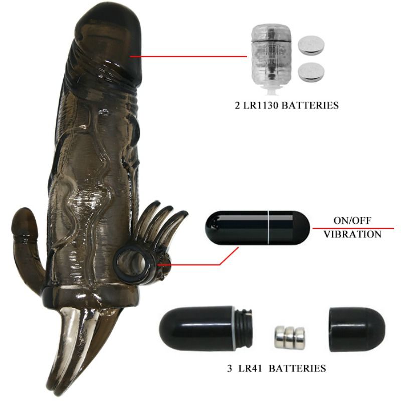 Guaina per ingrandimento pene nera con stimolazione clitoridea e fallo per doppia penetrazione anale doppio bullet 16.5 cm Baile For Him