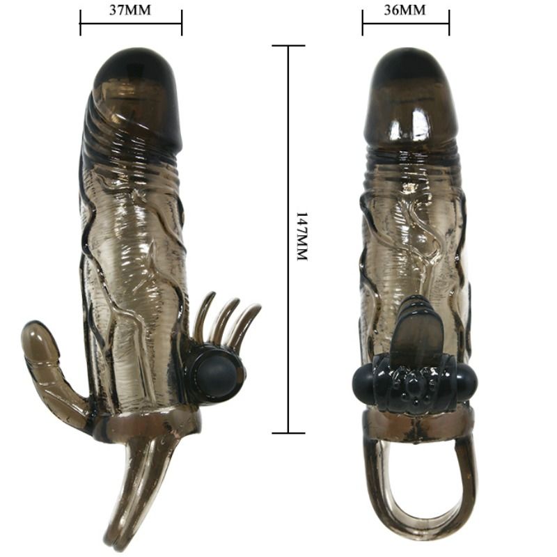 Guaina per ingrandimento pene nera con stimolazione clitoridea e fallo per doppia penetrazione anale doppio bullet 16.5 cm Baile For Him