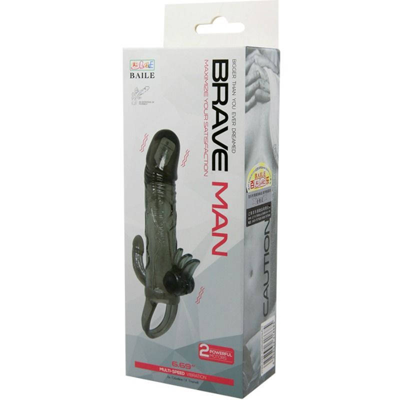 Guaina per ingrandimento pene nera con stimolazione clitoridea e fallo per doppia penetrazione anale doppio bullet 16.5 cm Baile For Him