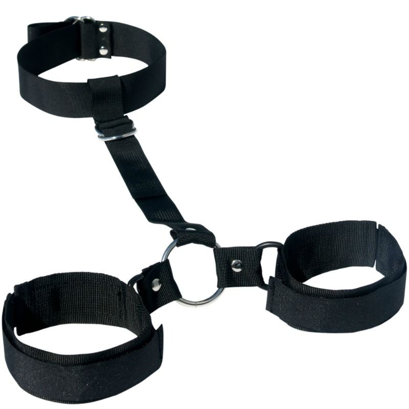 Imbracatura costrittiva in nylon blocca collo e polsi con regolazione a strappo fetish bdsm