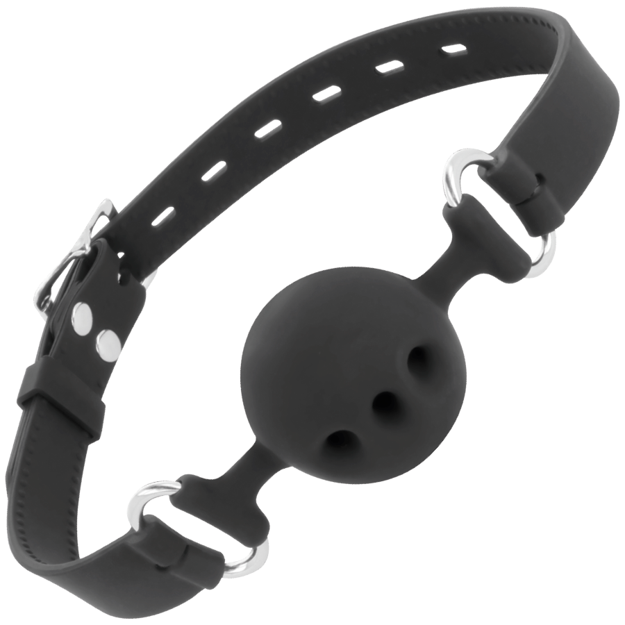 Morso Bavaglio Constrittivo Con Palla Traspirante Regolabile In Silicone Nero Bondage