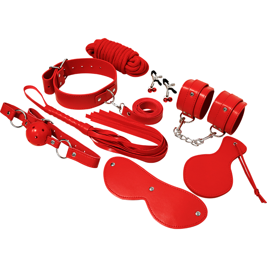 Kit Bondage Deluxe Kit Completo Di Cavigliera Polsini Maschera Paddle Corda Stringicapezzoli Bdsm Fetish Experience Rosso