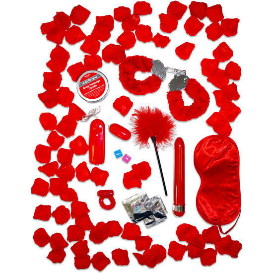 Set regalo romantico rosso con vibratore candele lubrificante e accessori per serate piccanti Toyjoy