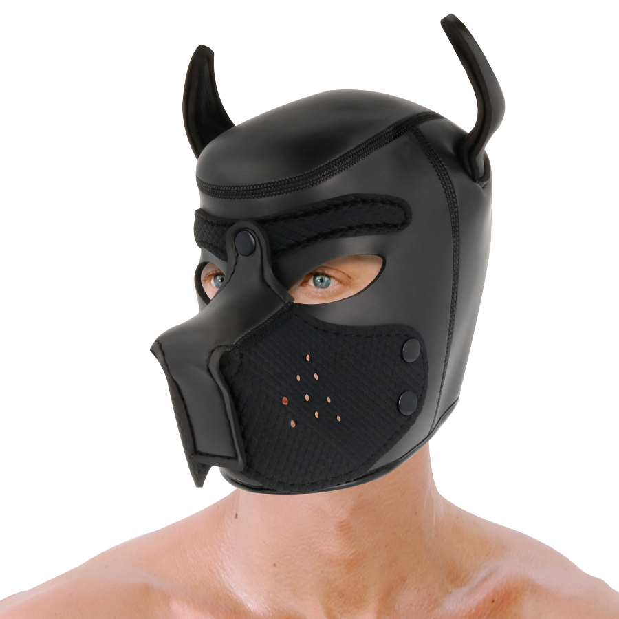 Maschera dog integrale sadomaso neoprene traspirante con apertura bocca taglia L comfort per giochi di ruolo Darkness