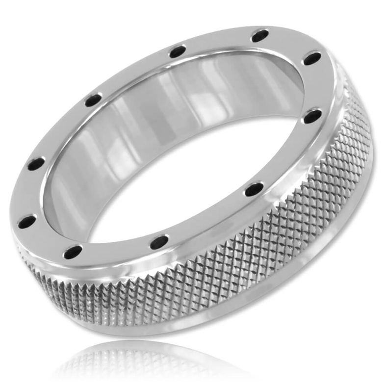 Anello per pene in acciao con zigrinatura perimetrale e fori di ventilazioni trasversali 45mm bdsm 