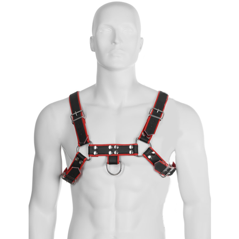 Corpetto imbracatura per spalle e petto in pelle nera e rossa con ganci e borchie in acciao regolabile fetish bdsm