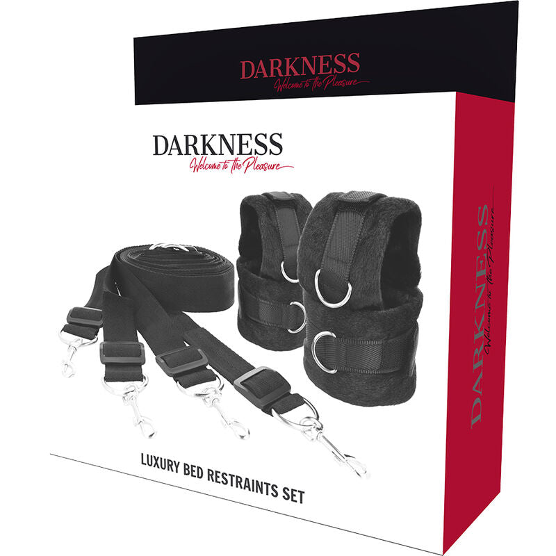 set da sottomissione letto regolabile con imbracatura per polsi e caviglie imbottita in neoprene per comfort oscurante darkness bondage