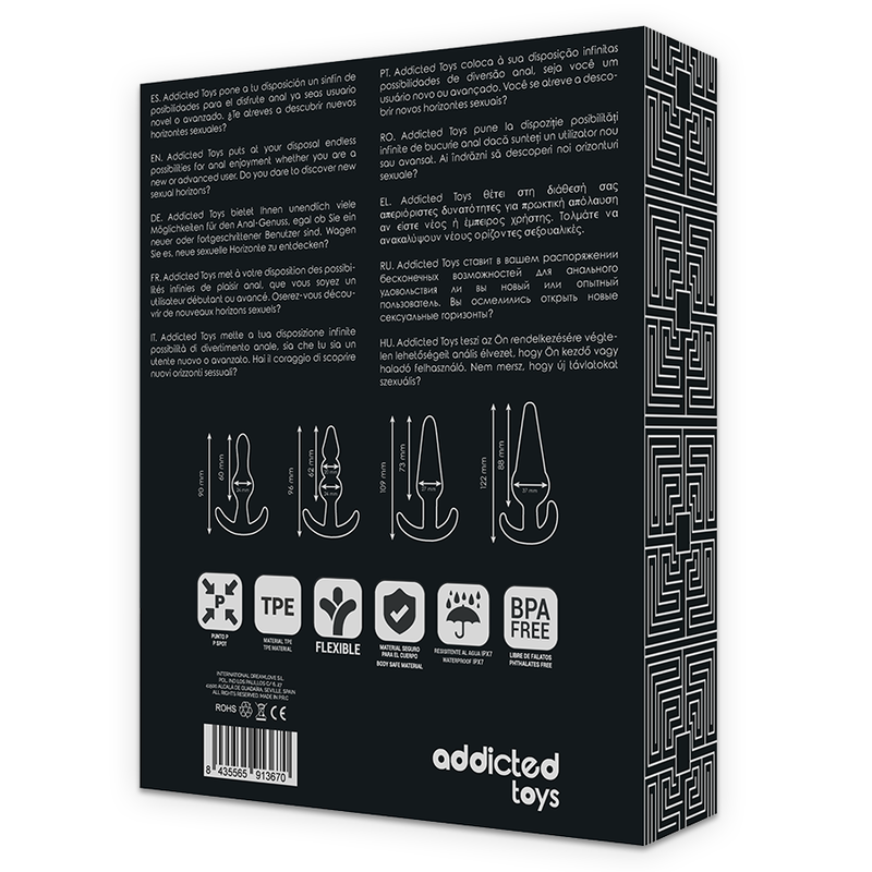 Set di 4 plug anali di diverse misure e forme per allenamento anale con materiale sicuro Addicted Toys