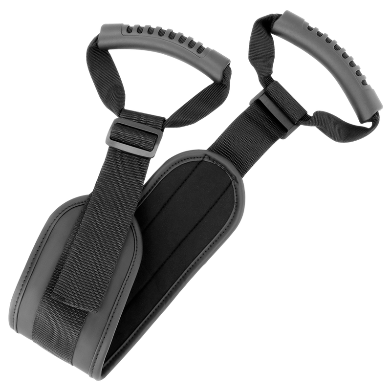 Imbracatura costrittiva con fascia e maniglie obbligo posizione doggy style in pelle vegana e neoprene fetish bdsm