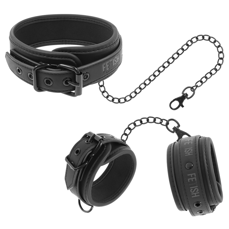 Set Bondage Collare E Manette In Neoprene Regolabile E Catenella Metallica Festish