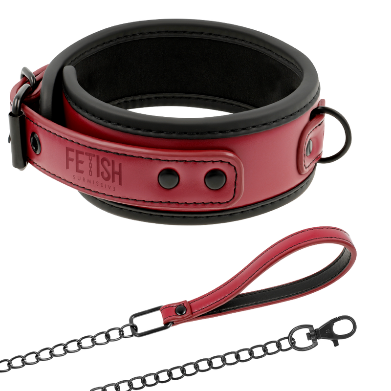 Collare in pelle e neoprene nero e rosso da costrizione con guinzaglio a catena da passeggio Fetish Bondage