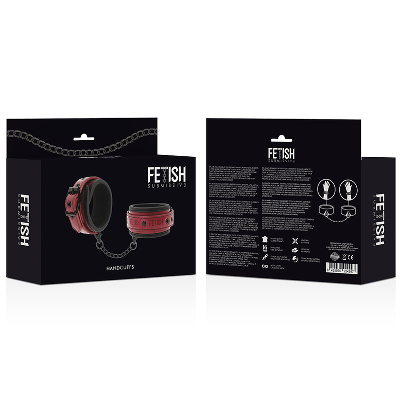 Manette Polsiere Di Sottomissione In Pelle Rossa E Neoprene Nero Cinghia Regolabile Con Catena E Moschettone Regolabile Bondage