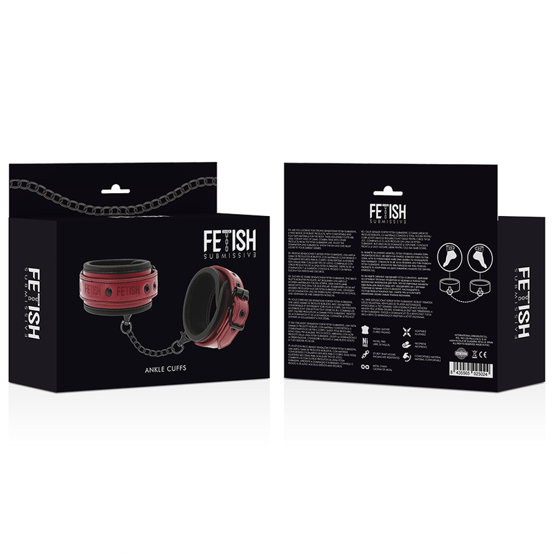 Manette Polsiere Di Sottomissione In Pelle Rossa E Neoprene Nero Cinghia Regolabile Con Catena E Moschettone Regolabile Bondage