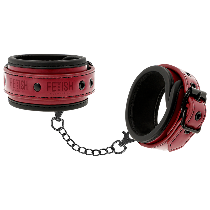 Manette Polsiere Di Sottomissione In Pelle Rossa E Neoprene Nero Cinghia Regolabile Con Catena E Moschettone Regolabile Bondage