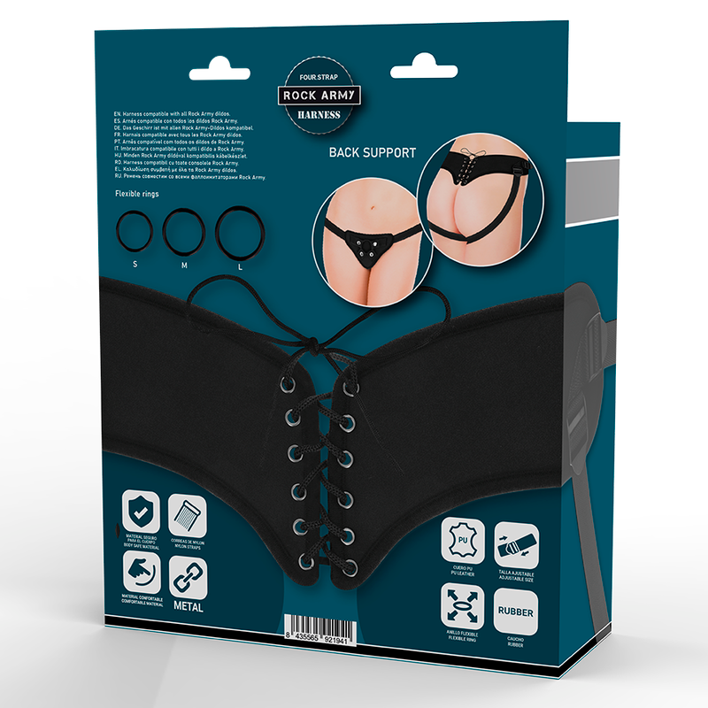 Imbracatura regolabile per strap-on in pelle sintetica con anelli flessibili in silicone Rock Army